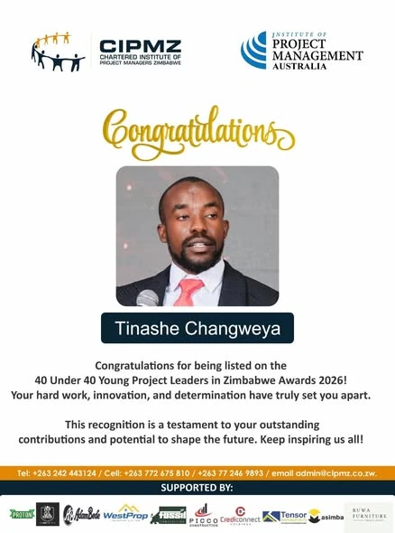40 Under 40 Young Project Leaders in Zimbabwe — Mr. Tinashe Changweya, CEO & Founder, Chartered Institute of Project Managers Zimbabwe (CIPMZ), with the Institute of Project Management Australia